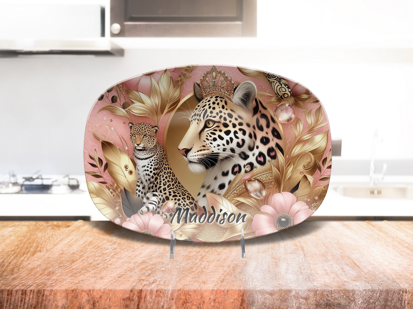 Personalized Leopard Print Platter, Pink Gold Home Decor, Unique Plates for Gifts, Microwave Safe Dining, Dishwasher Safe Tableware