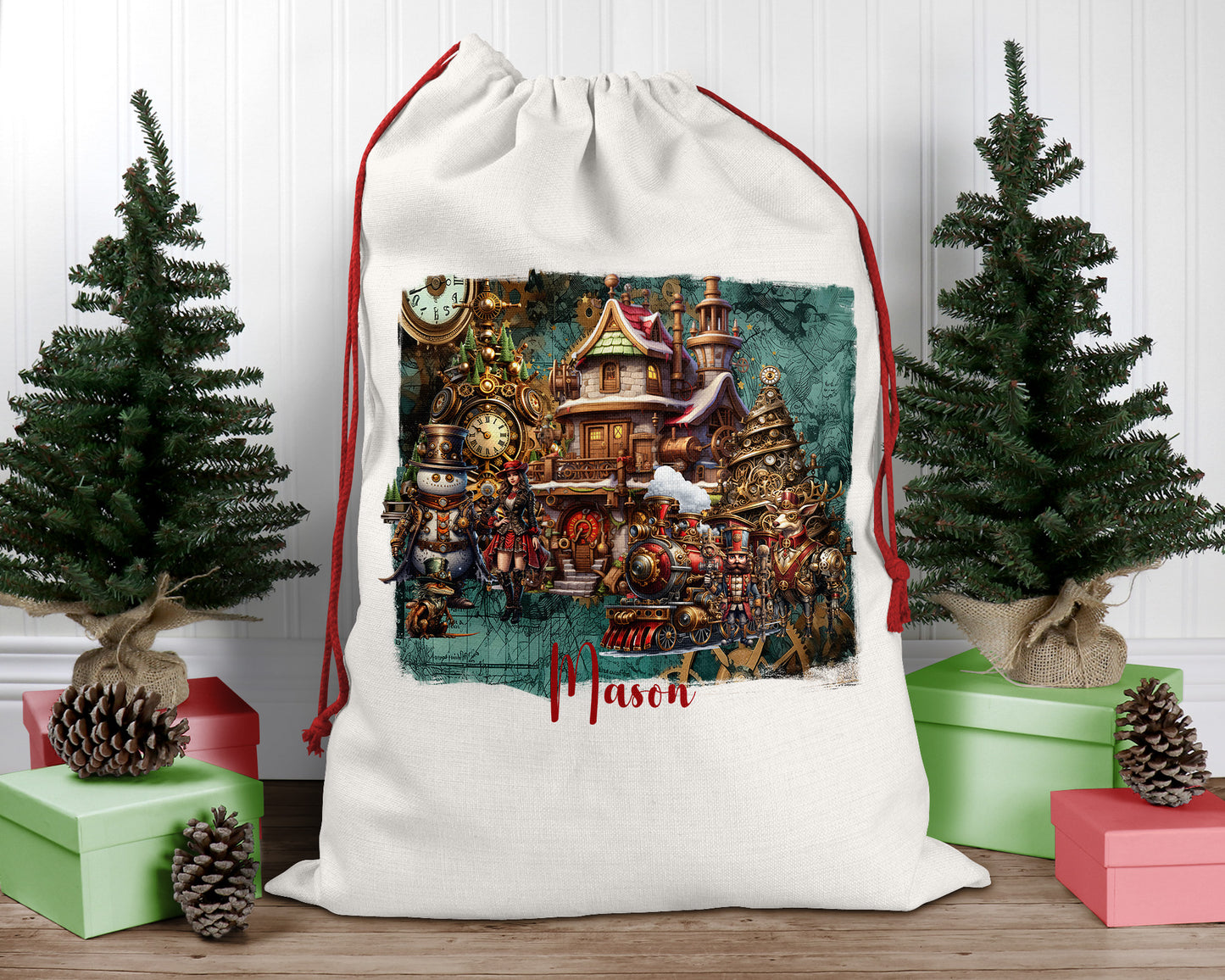 Steampunk Personalised Santa Sack, Linen Bag