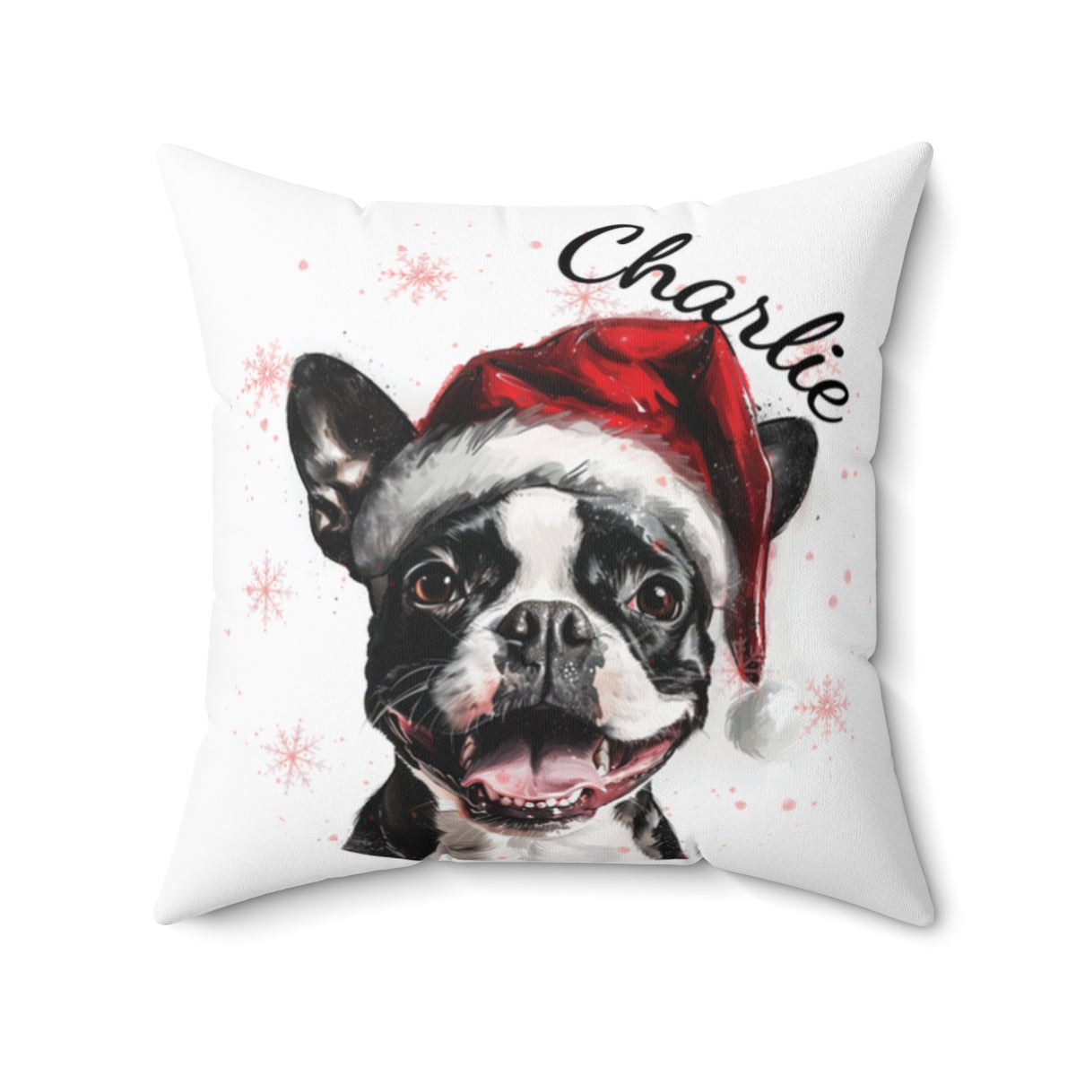 Christmas dog Cushions_Boston-Terrier-2 Personalised Dog Christmas Spun Polyester Square Throw Cushion with Insert