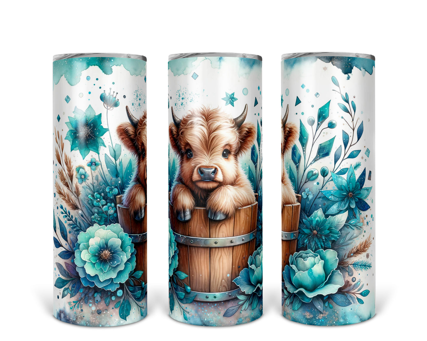 Skinny Tumbler with Straw, 20oz, Baby Highland Cow Sitting in Bucket Blue