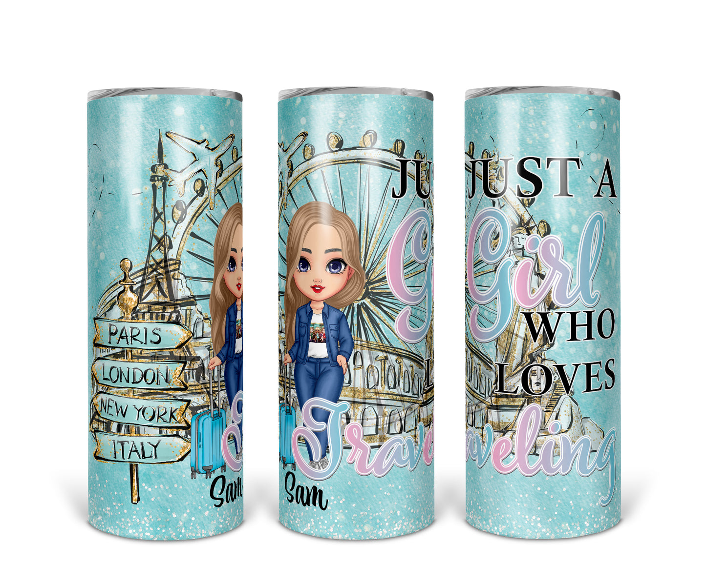 Skinny Tumbler with Straw, 20oz, Personalized, Just A Girl Who Loves Travelling, Blonde Hair