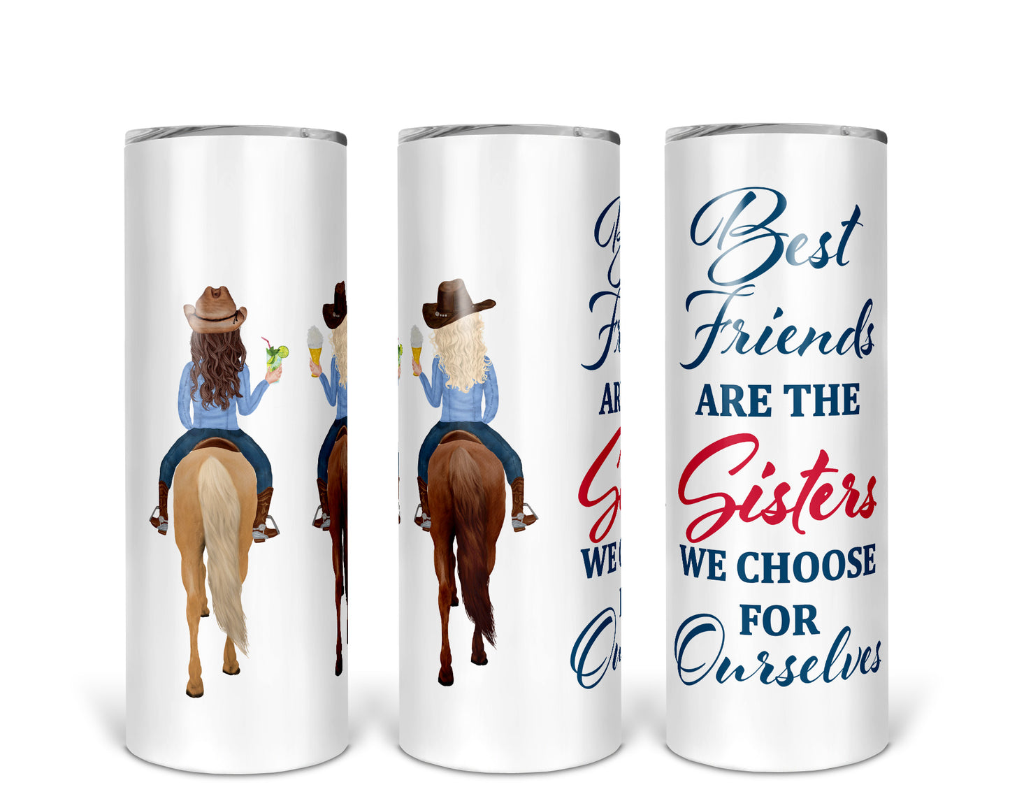 Skinny Tumbler with Straw, 20oz, Personalised, Horse and Girls, Western, Best Friends