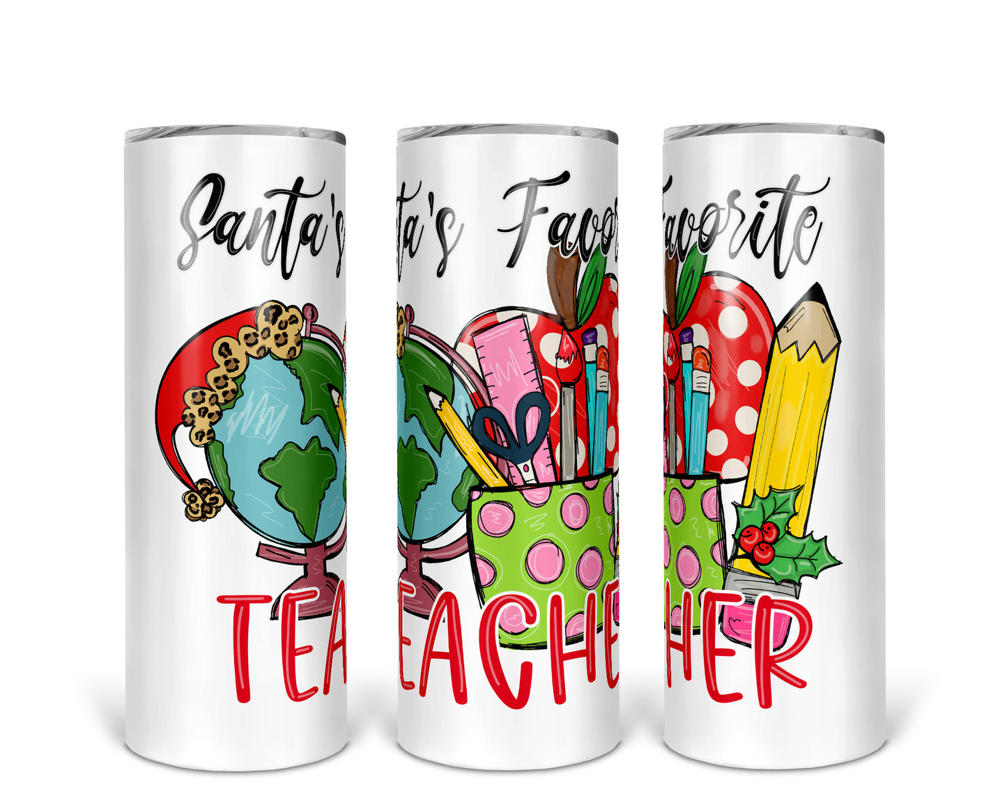 Skinny Tumbler with Straw, 20oz, Santa's Favorite Teacher