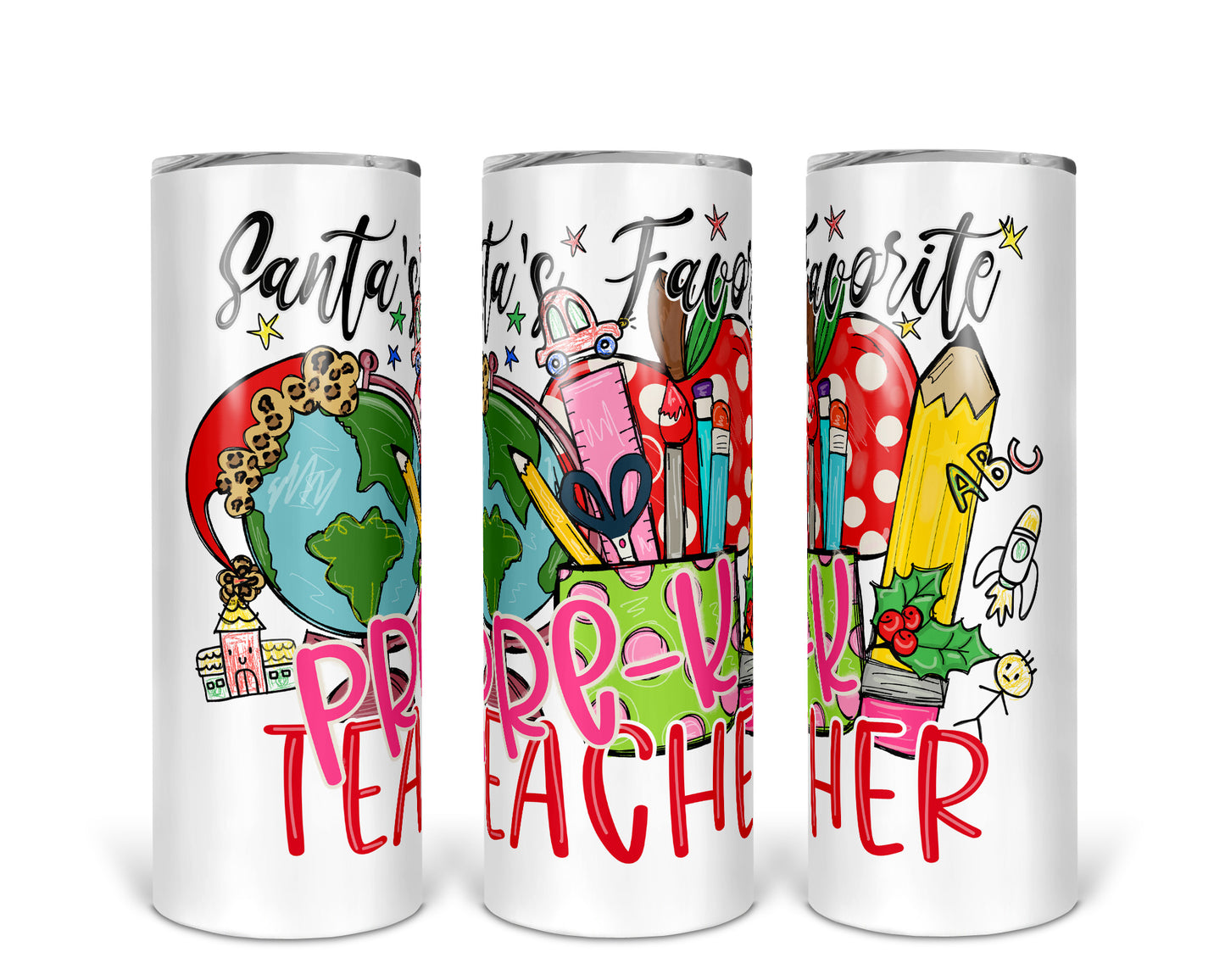 Skinny Tumbler with Straw, 20oz, Santa's Favorite Pre-K Teacher