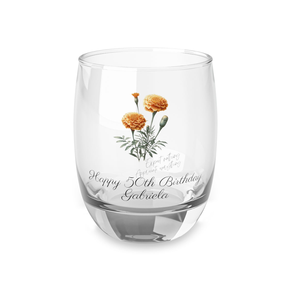 Marigold-October Quote Personalised Floral Birthday Month Bouquet Wine Glass, Stemless Wine Glass, Whiskey Glass, Rocks Glass