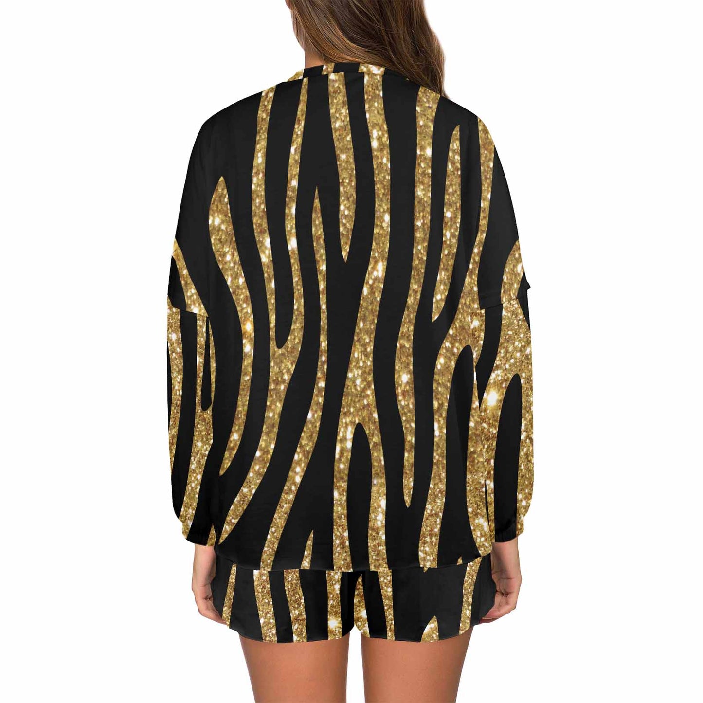 Black and Gold Glitter Leopard Print  Women's Long Sleeve Pajama Set with Shorts