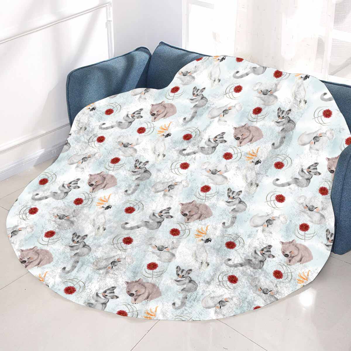 Australian Animals Koala, Sugar Glider, Wombat  Circular Micro Fleece Blanket 60"