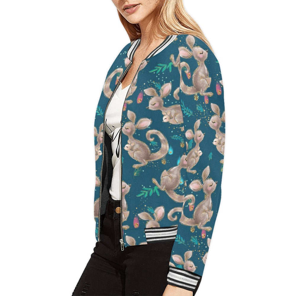 Australian Animals Kangaroo Green Bomber Jacket for Women