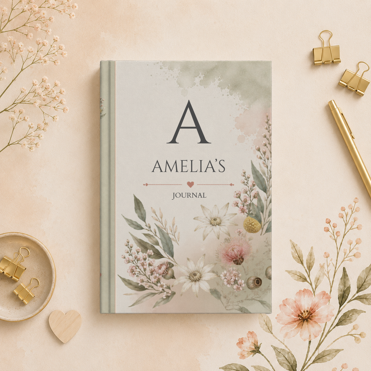 Australian Wildflower Hardcover Journal, Personalized Notebook, Custom Initial Diary, Gift for Writers, Matte Finish Journal, Elegant Floral Design