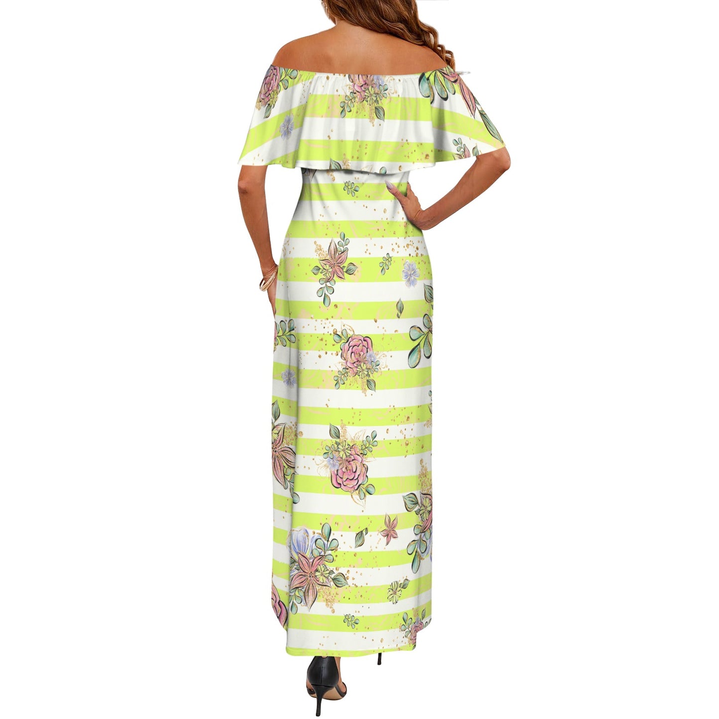 Floral Yellow Stripe Women's Off Shoulder Ruffle Boat Neck Dress (Model D71)