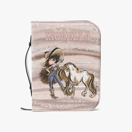 Book/Bible Cover, Howdy, Cowgirl and Horse, Brunette Curly Hair, Brown Eyes