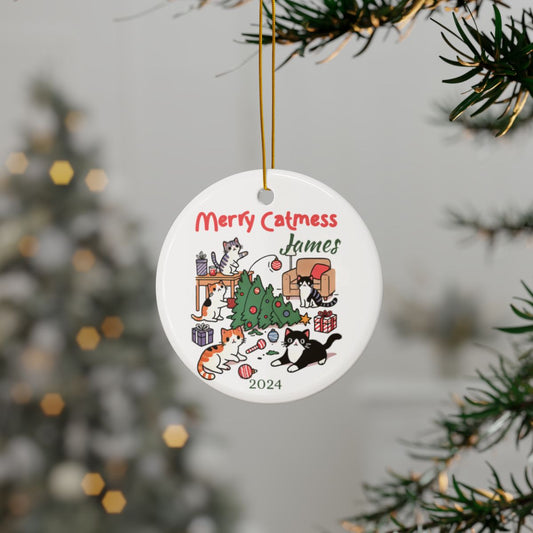 Custom Cat Christmas Ornament, Personalized Pet Decoration, Ceramic Round Ornament, Holiday Tree Decor, Customizable Cat Gift