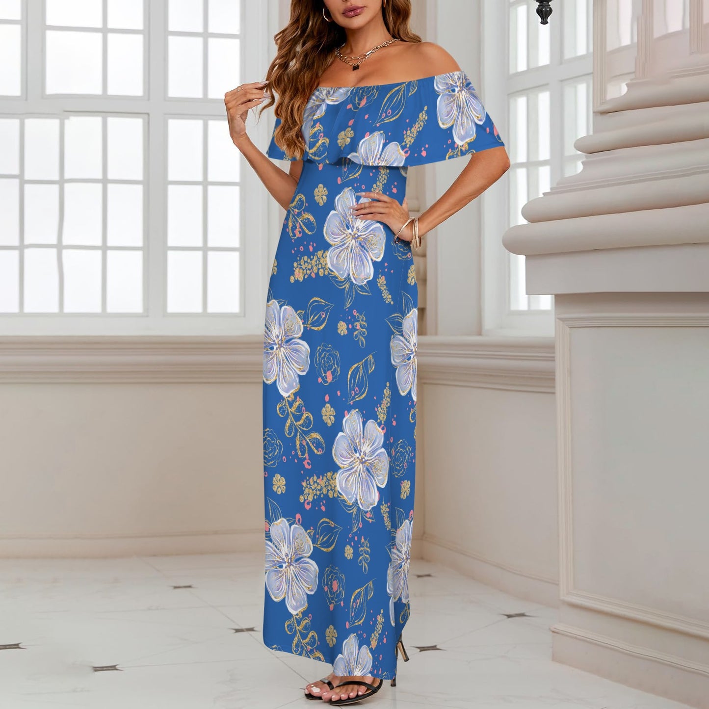 Blue Floral Women's Off Shoulder Ruffle Boat Neck Dress (Model D71)