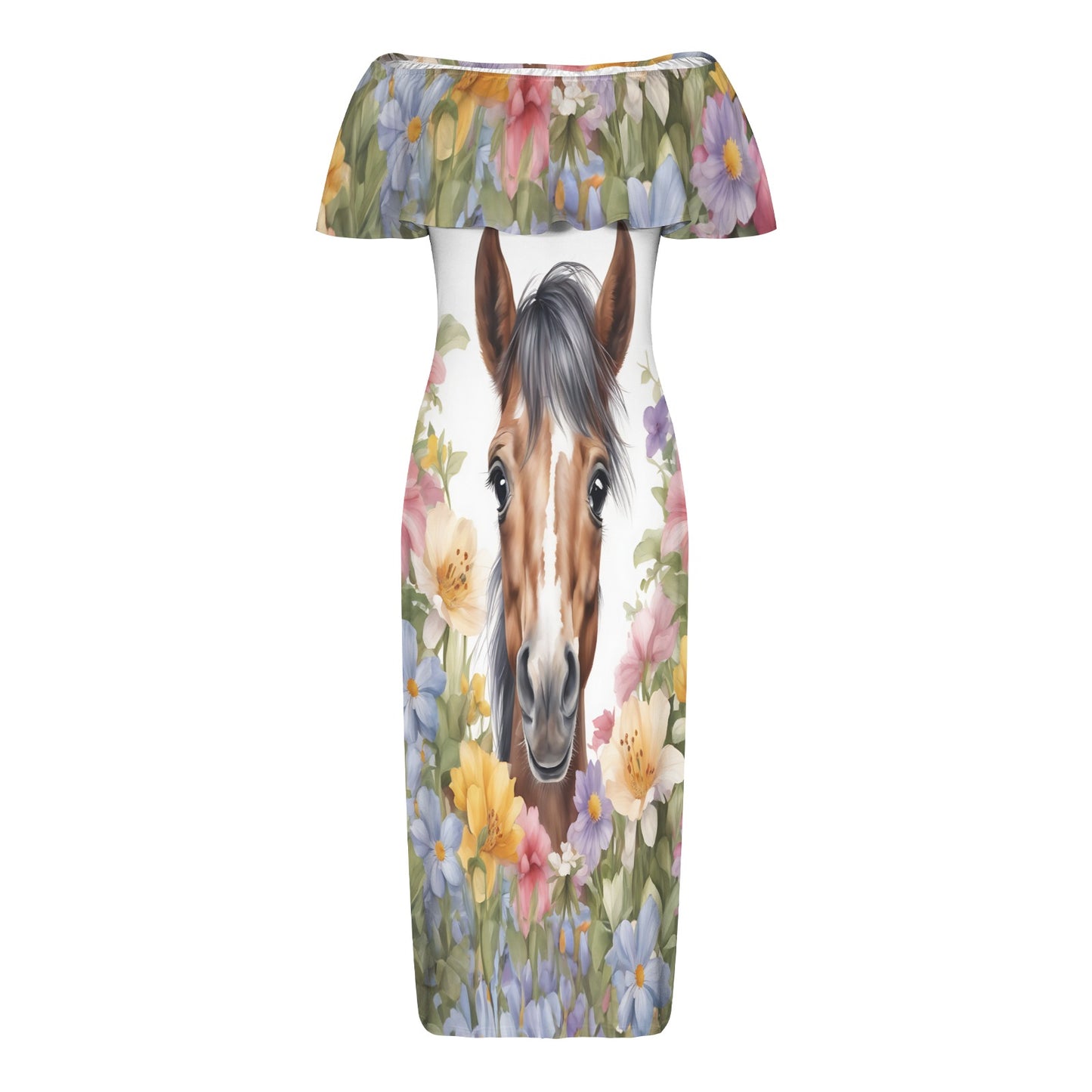 Horse awd305 Women's Off Shoulder Ruffle Boat Neck Dress (Model D71)