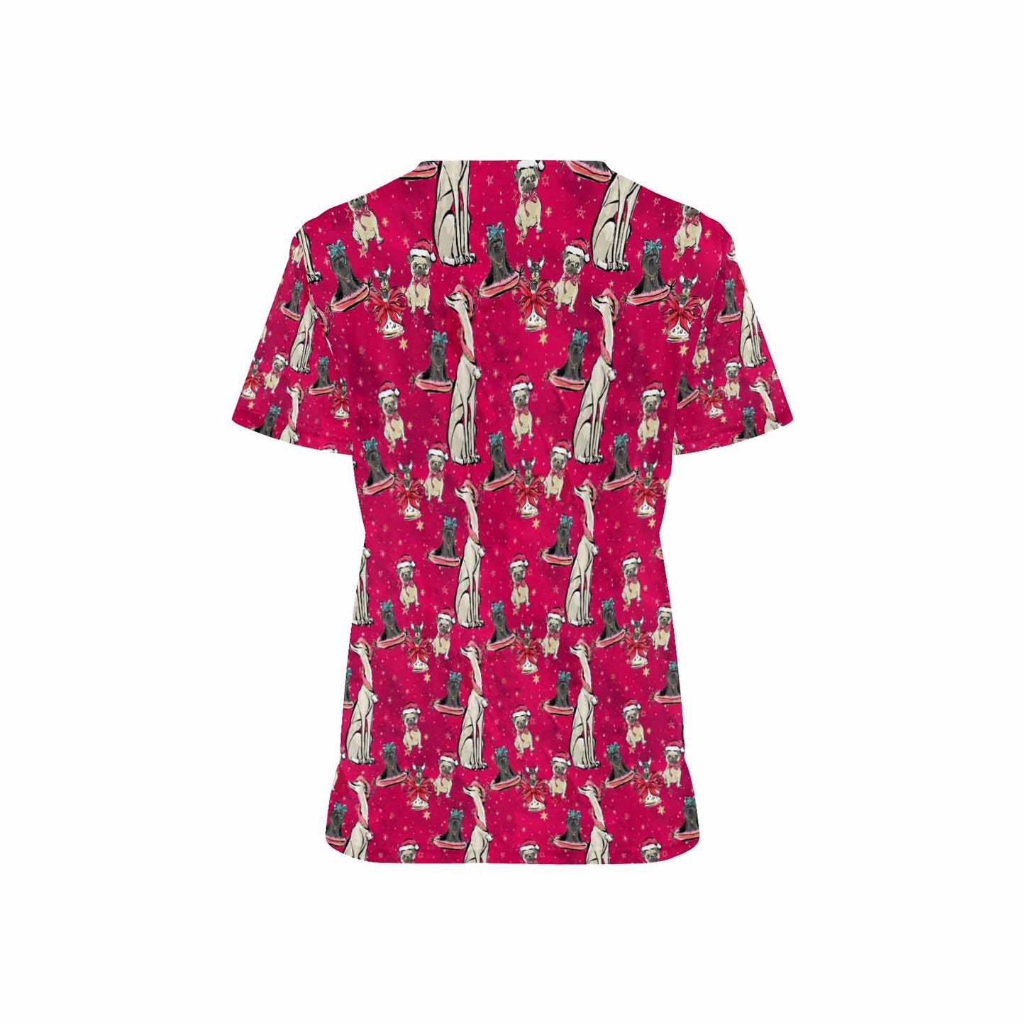 Doggie Christmas Red  Women's V Neck Scrub Top Nurse Uniform with Deep Front Pockets