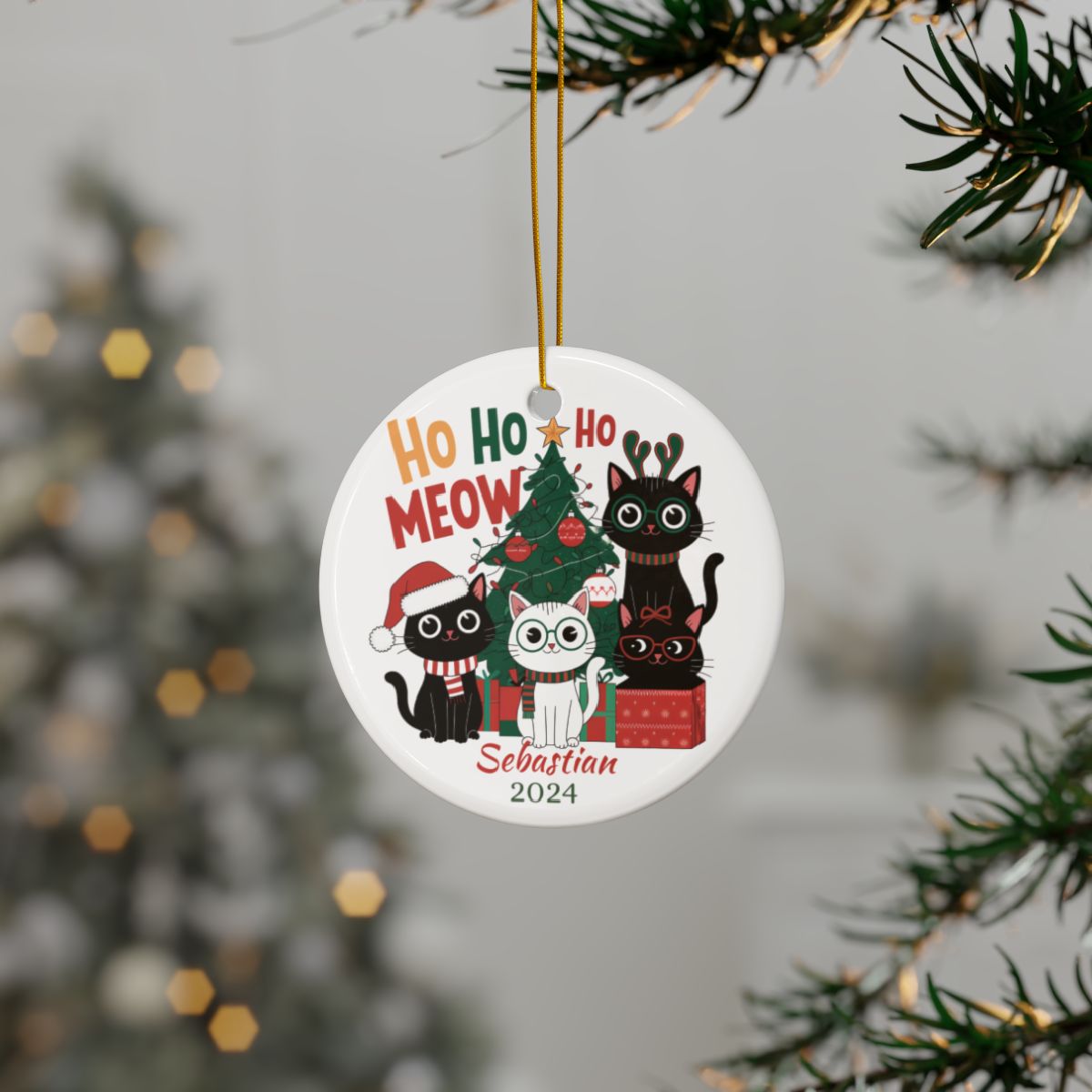 Christmas Cat Ornament, Personalized Ceramic Decoration, Cute Holiday Gift, Family Tree Ornament, Custom Cat Keepsake