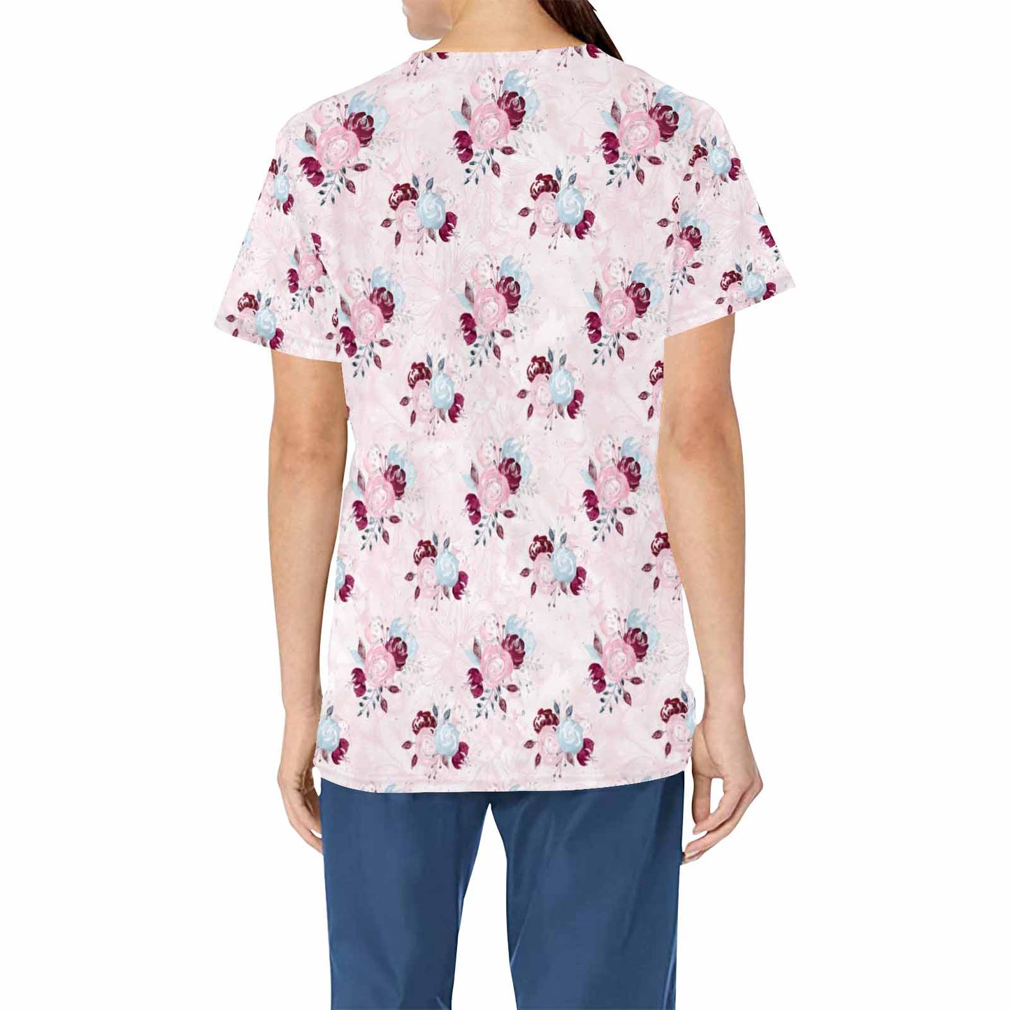 Pink Roses  Women's V Neck Scrub Top Nurse Uniform with Deep Front Pockets