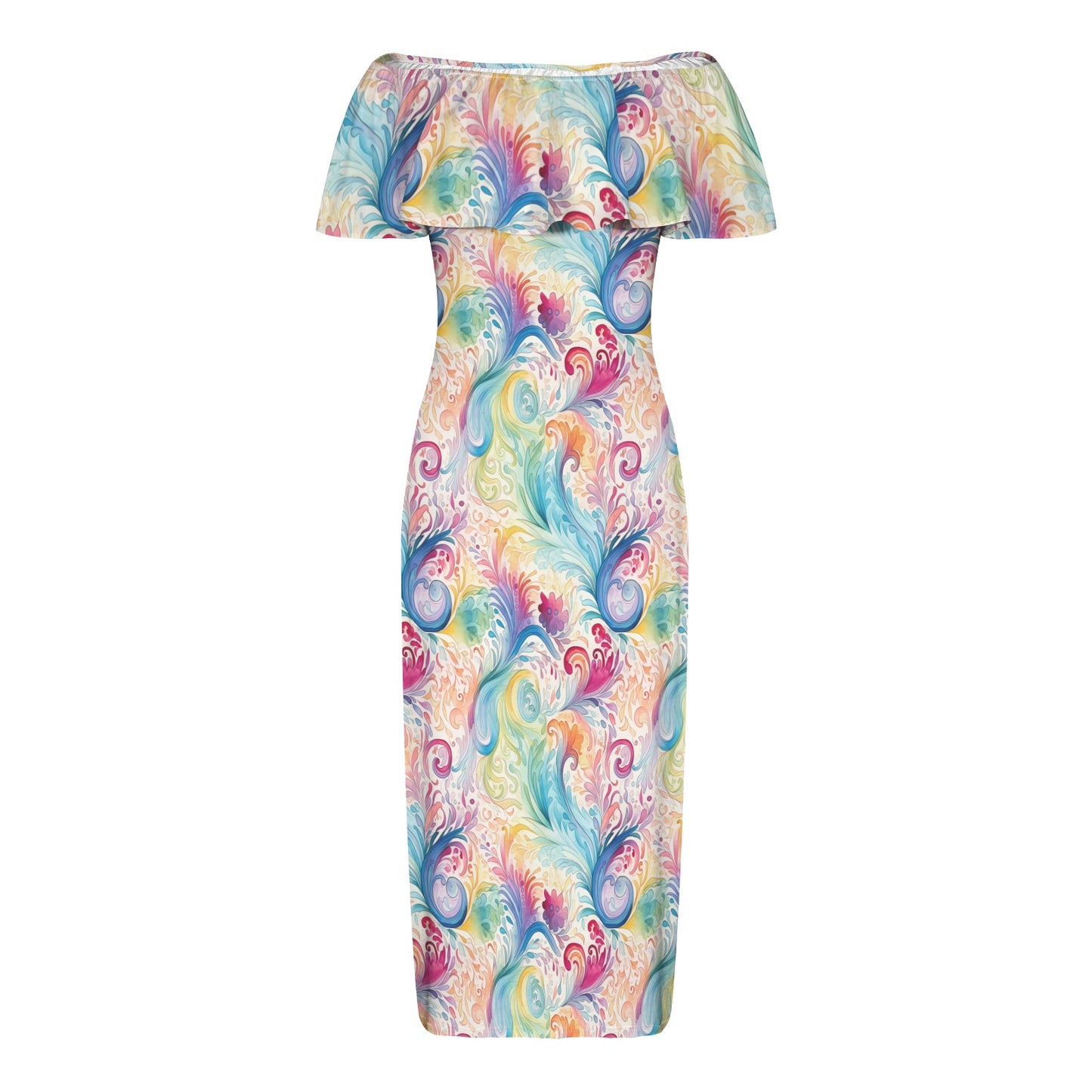 Pastel Rainbow Paisley Women's Off Shoulder Ruffle Boat Neck Dress (Model D71)