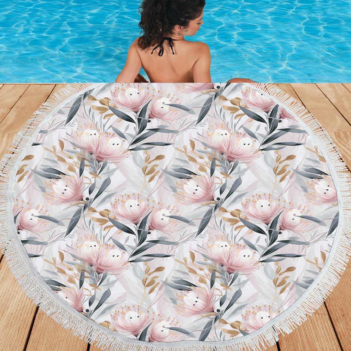 Australian Floral Pink & Grey  Circular Beach Shawl 59"