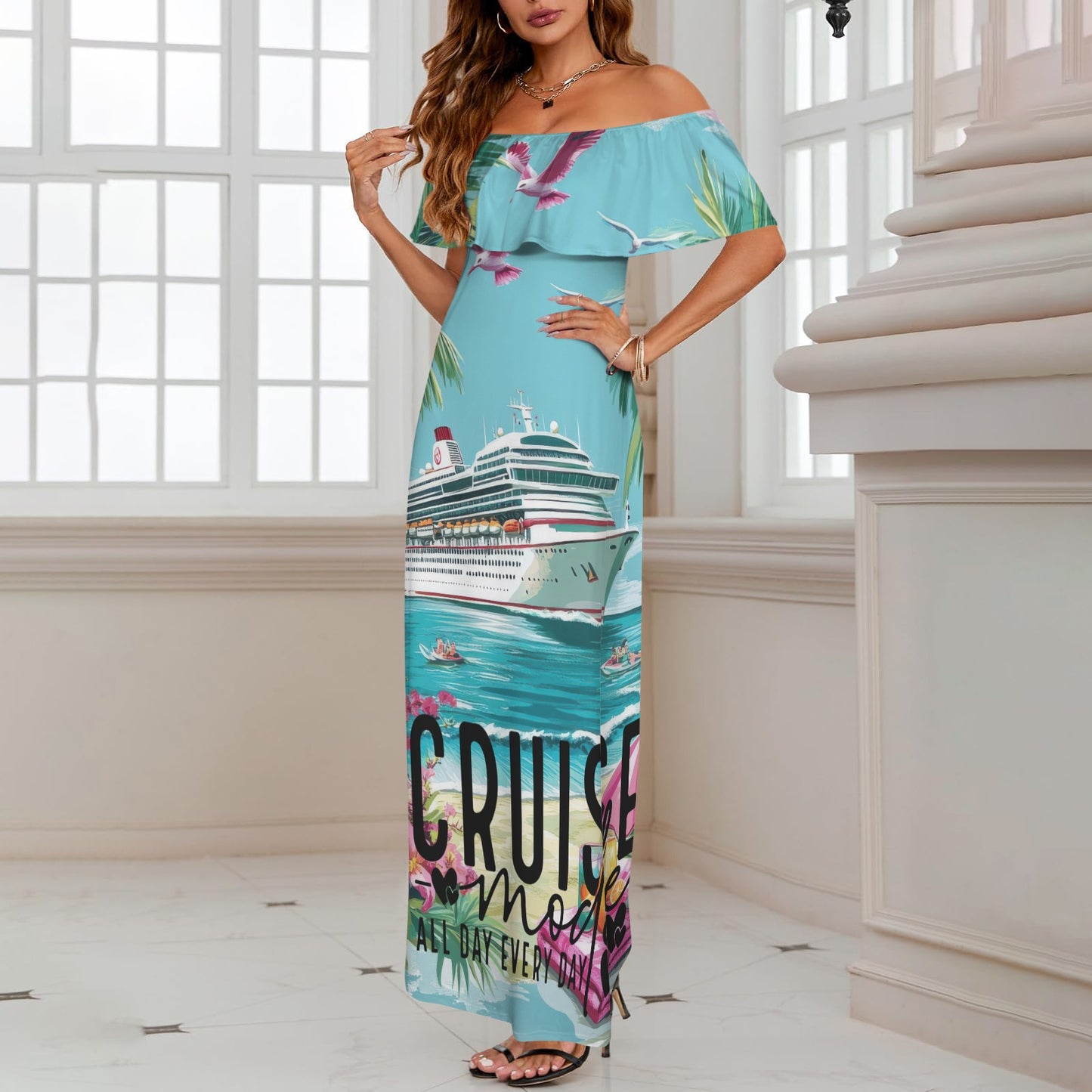 Cruise Mode Women's Off Shoulder Ruffle Boat Neck Dress (Model D71)