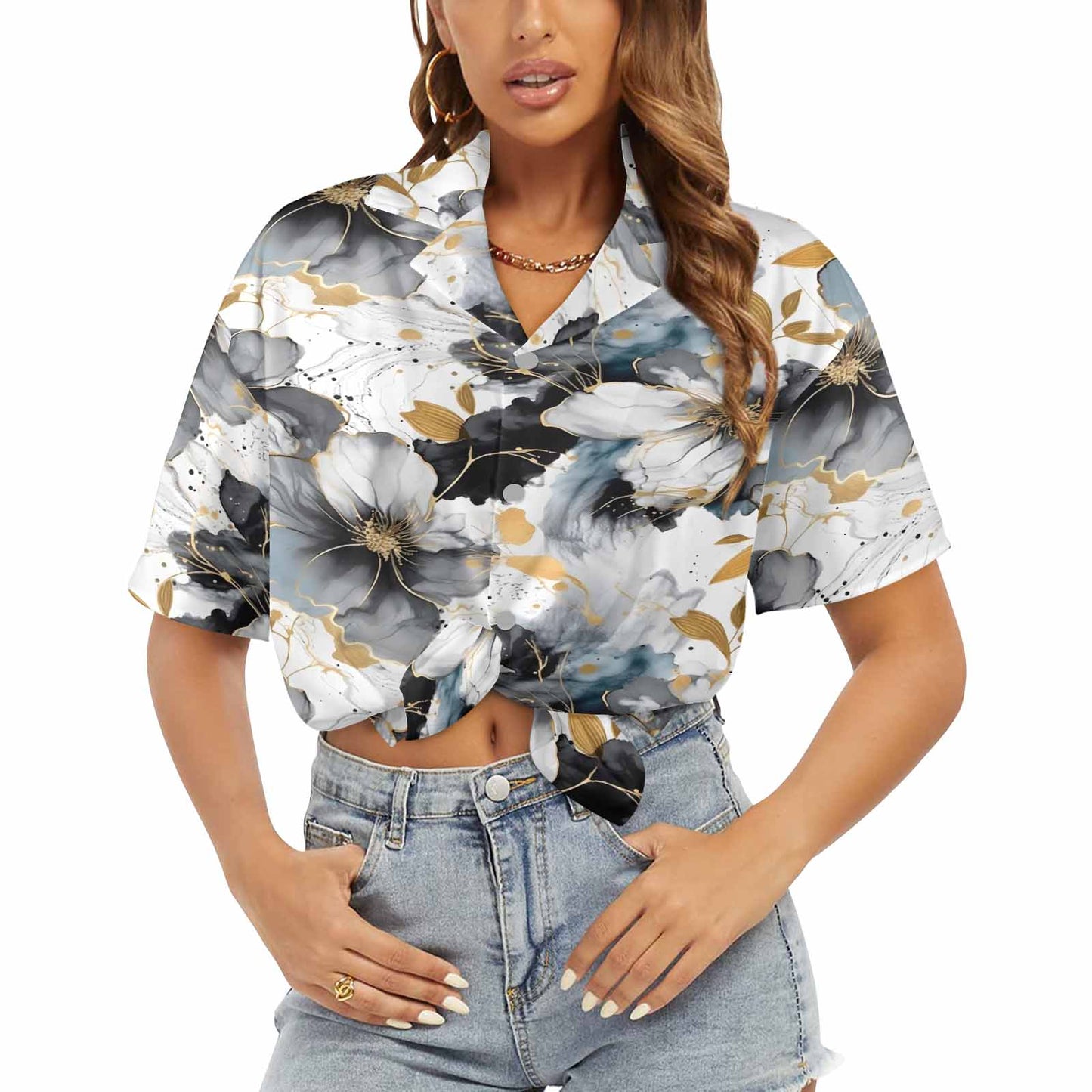 Black White and Gold  Women's Hawaiian Shirt