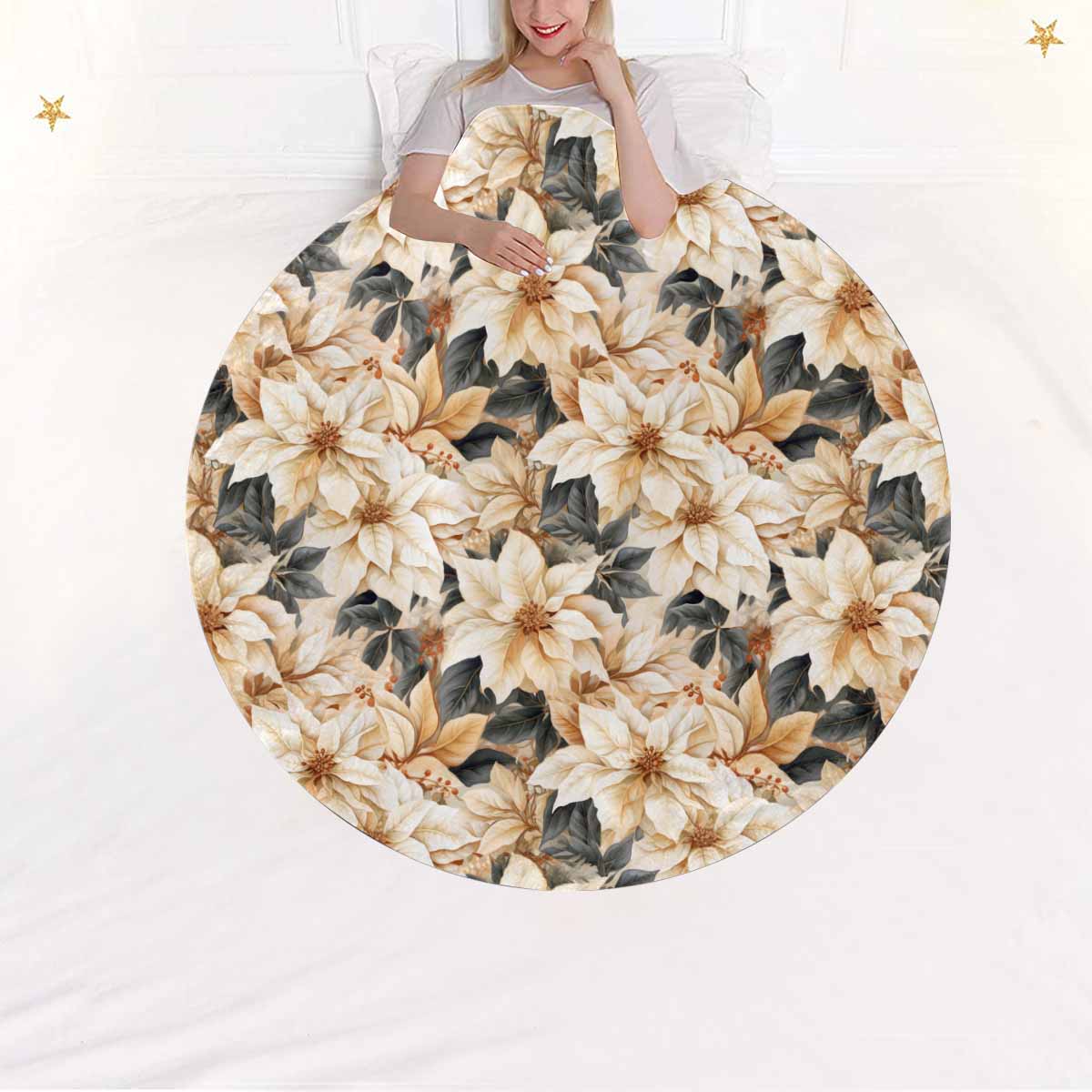 Cream Poinsettia2  Circular Micro Fleece Blanket 60"