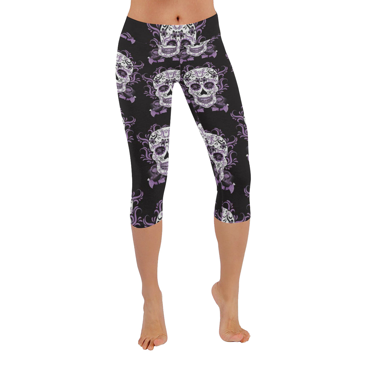 Day of the Dead Mexico Sugar Skull Purple Women's Low Rise Capri Leggings (Invisible Stitch)