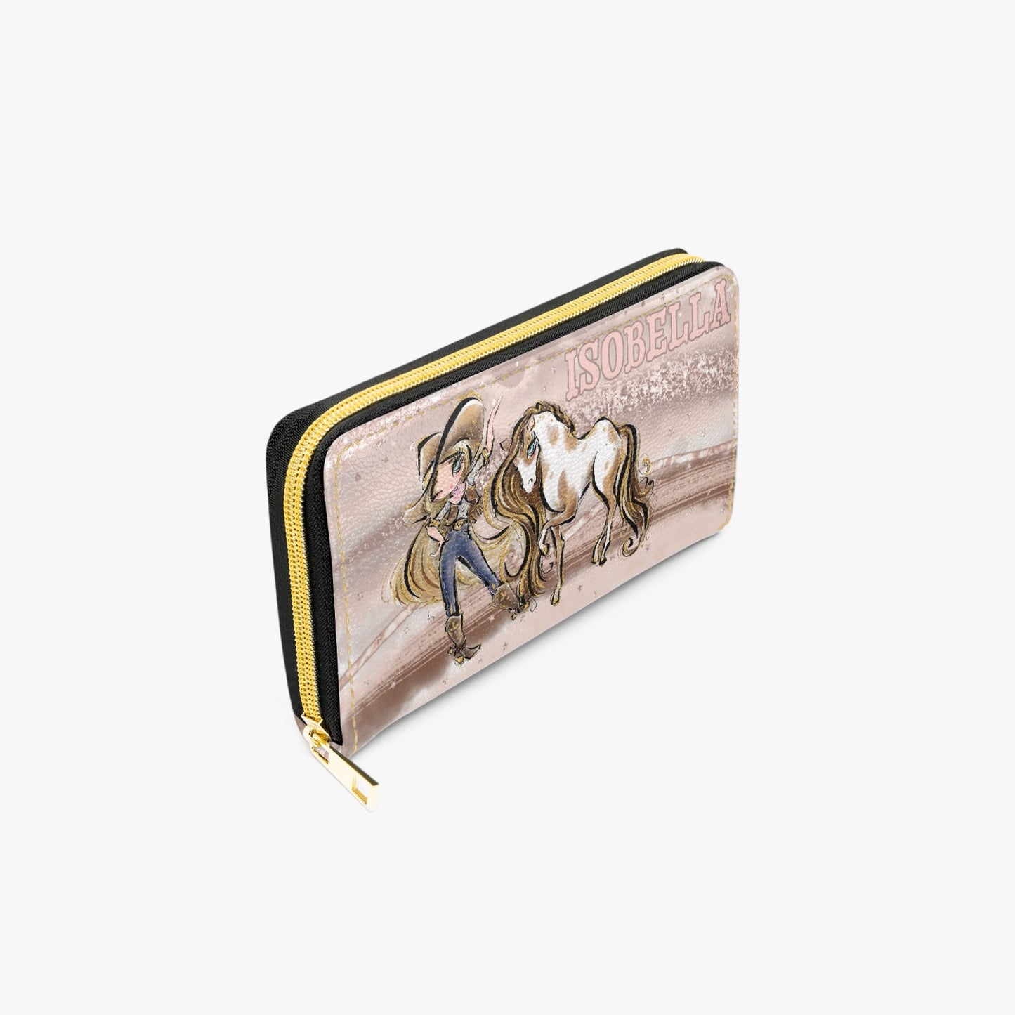 Long Type Zipper Purse, Howdy, Cowgirl & Horse, Blonde Hair Blue Eyes, Personalised