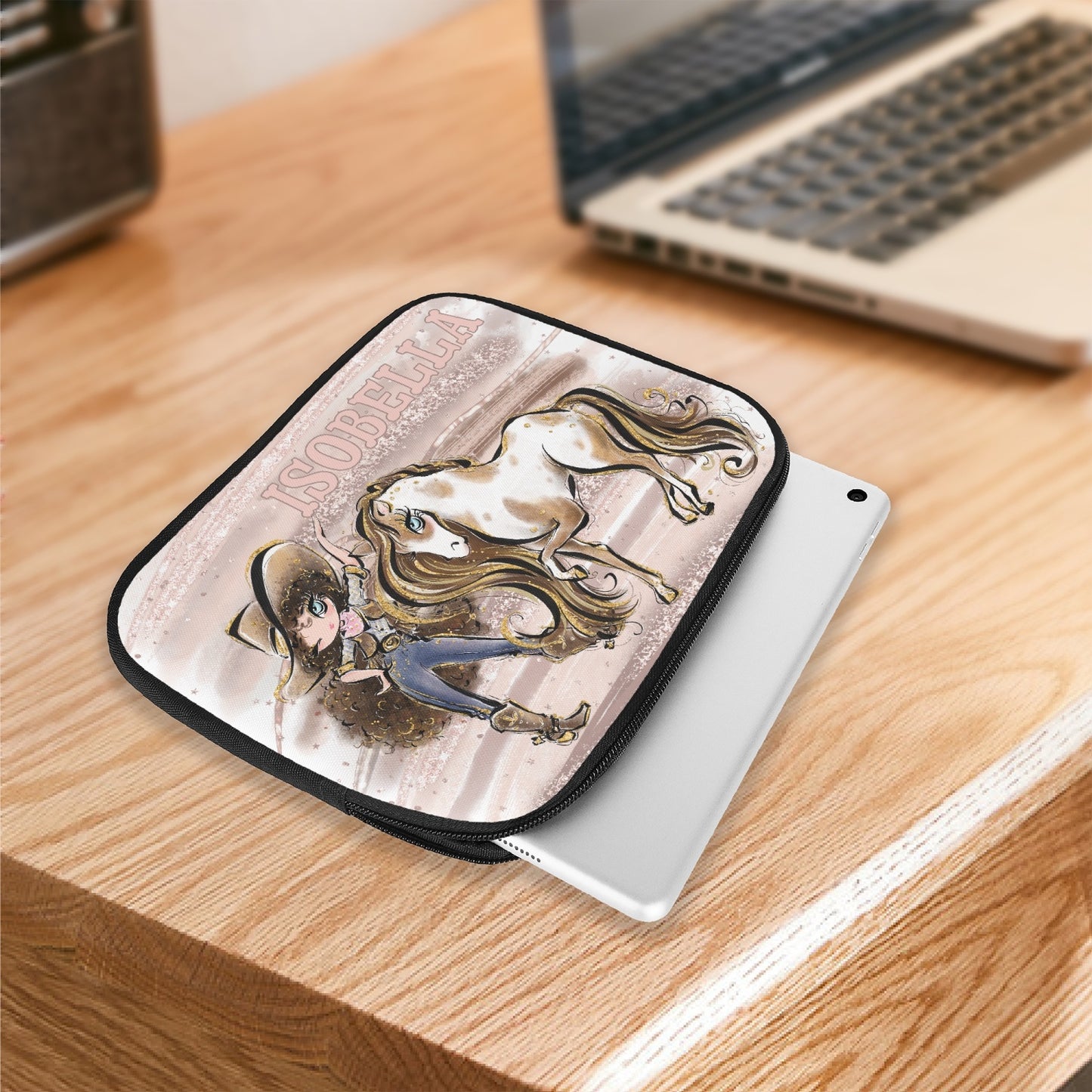 Tablet Sleeve - Howdy, Cowgirl and Horse, Brunette Curly Hair, Blue Eyes