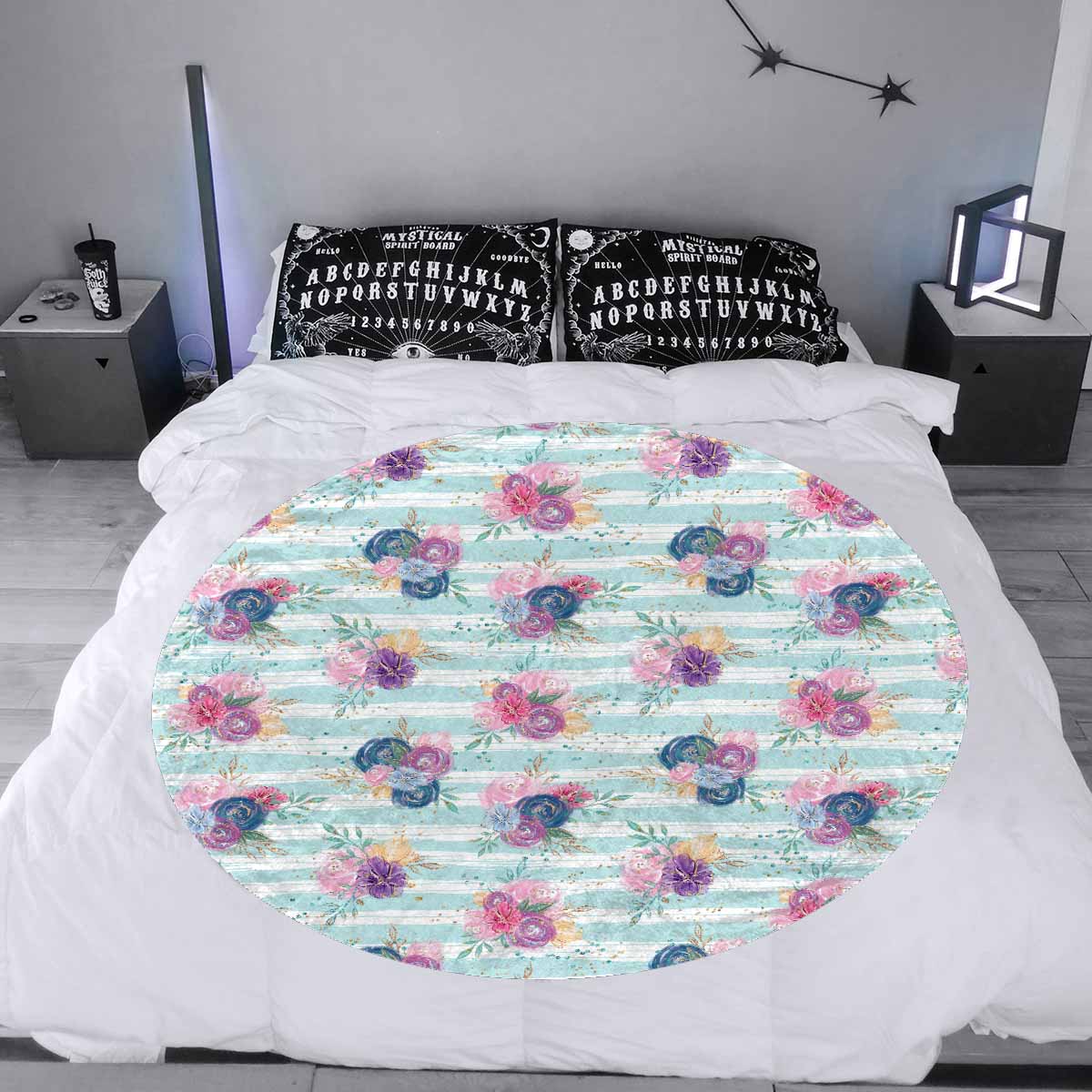Purple and Pink floral Blue Stripes  Circular Micro Fleece Blanket 47"