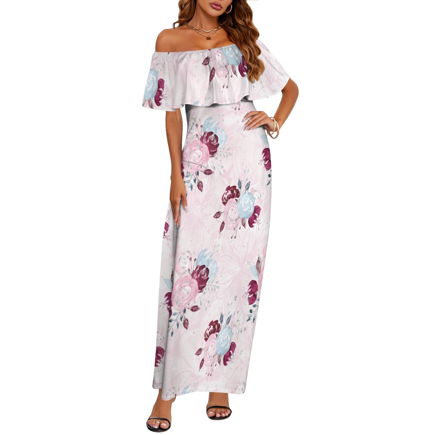 Roses Women's Off Shoulder Ruffle Boat Neck Dress (Model D71)
