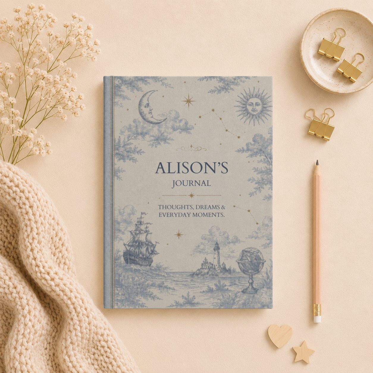 Personalized Hardcover Journal, Nautical Starry Design, Custom Journal Gift, Elegant Journal for Writers, Thoughtful Journal Present