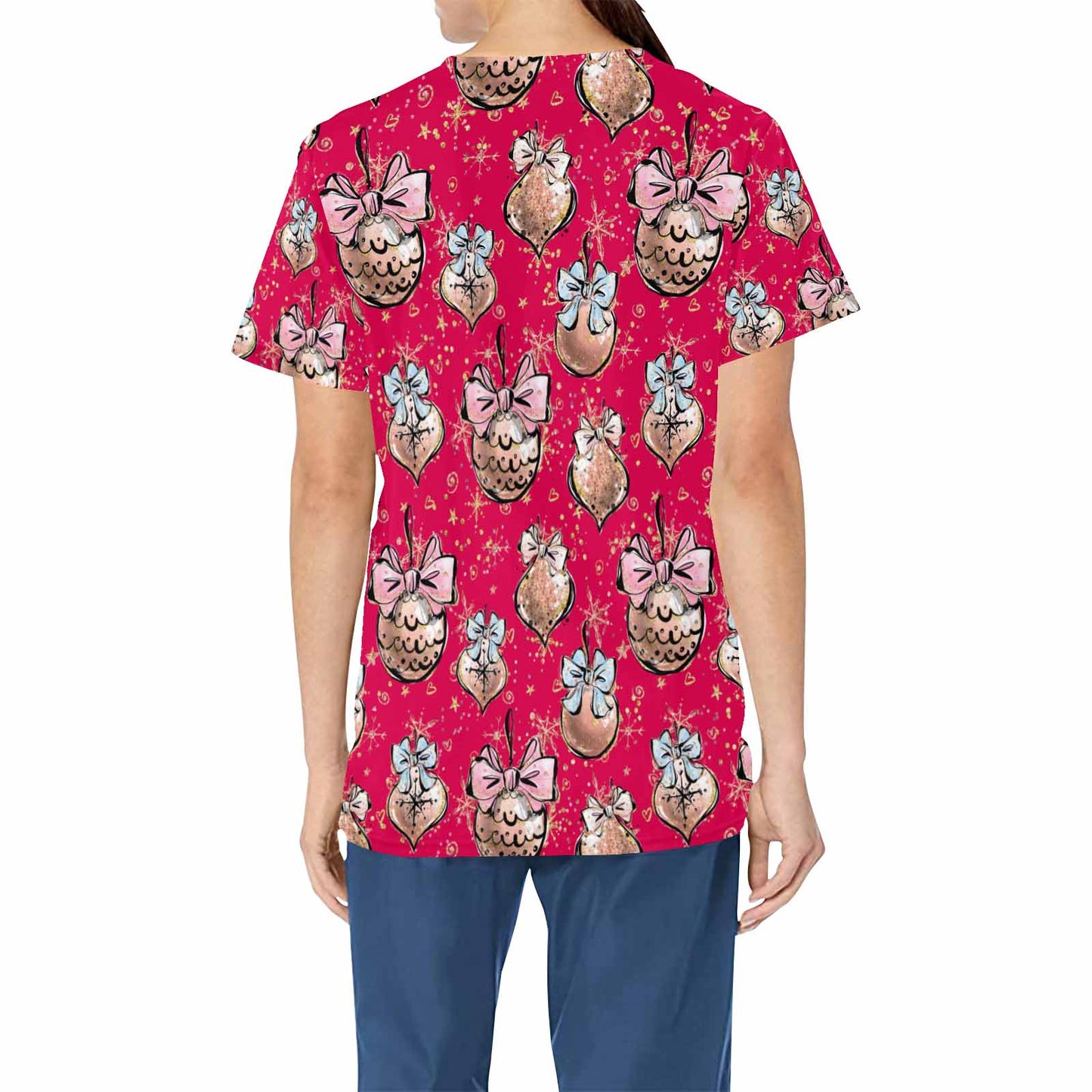 Red Christmas Baubles  Women's V Neck Scrub Top Nurse Uniform with Deep Front Pockets