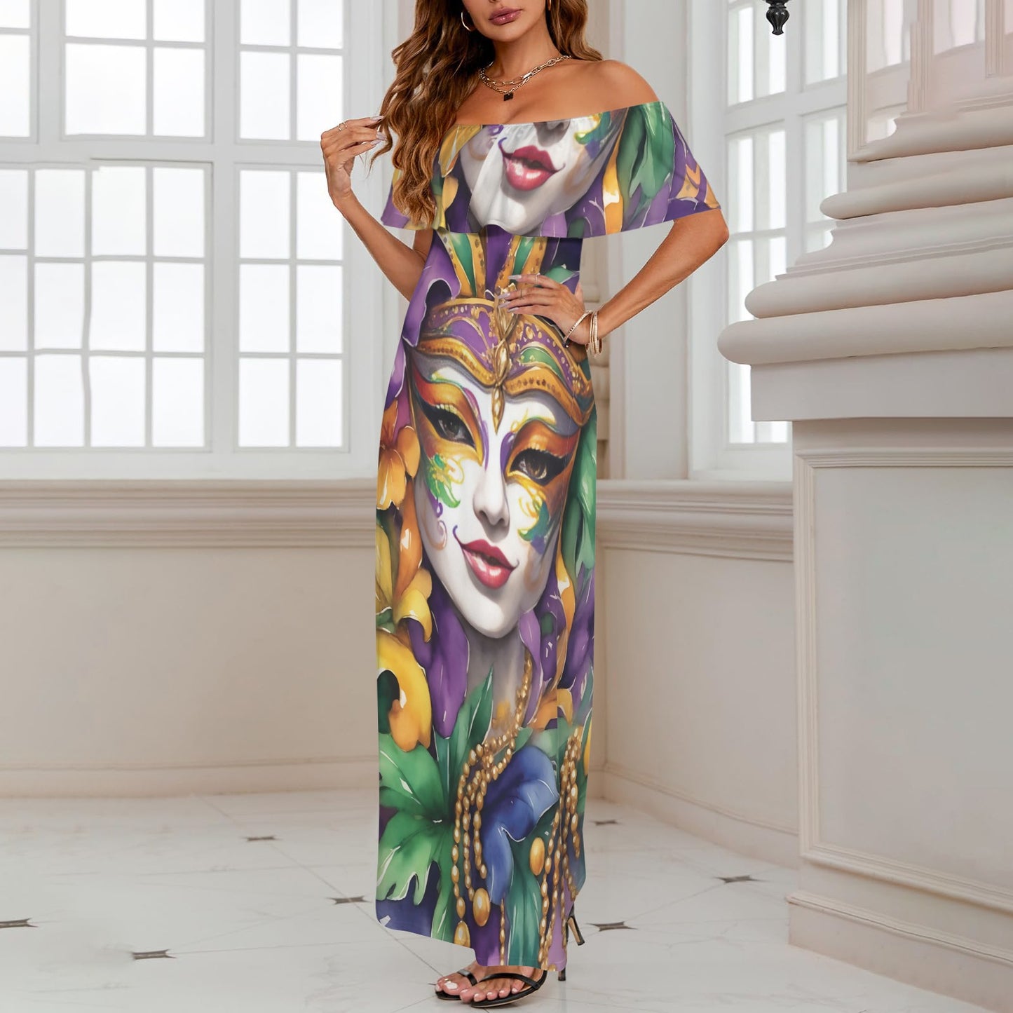 Mardi Gras awd442 Women's Off Shoulder Ruffle Boat Neck Dress (Model D71)