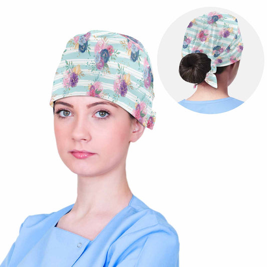 Nurse Scrub Cap Candy Stripe Roses  Scrub Cap