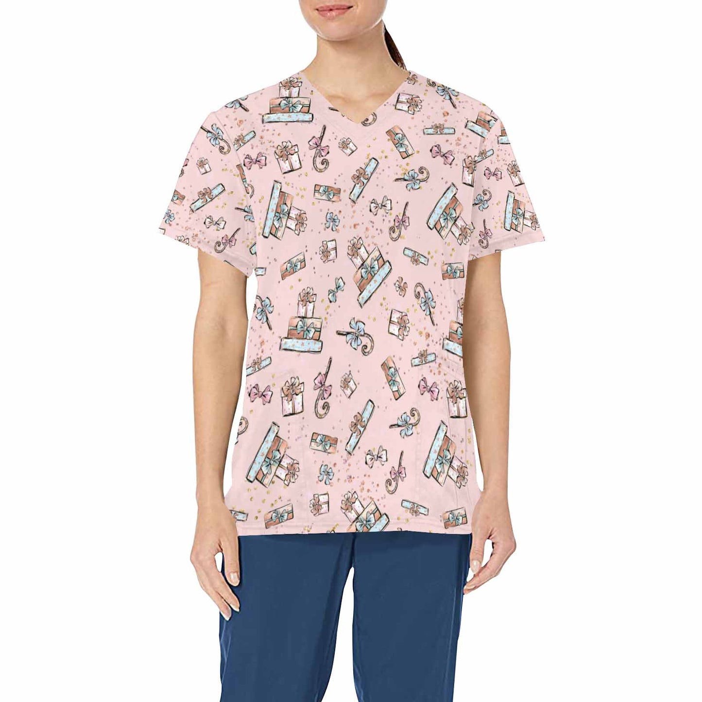 Pink Christmas Presents  Women's V Neck Scrub Top Nurse Uniform with Deep Front Pockets