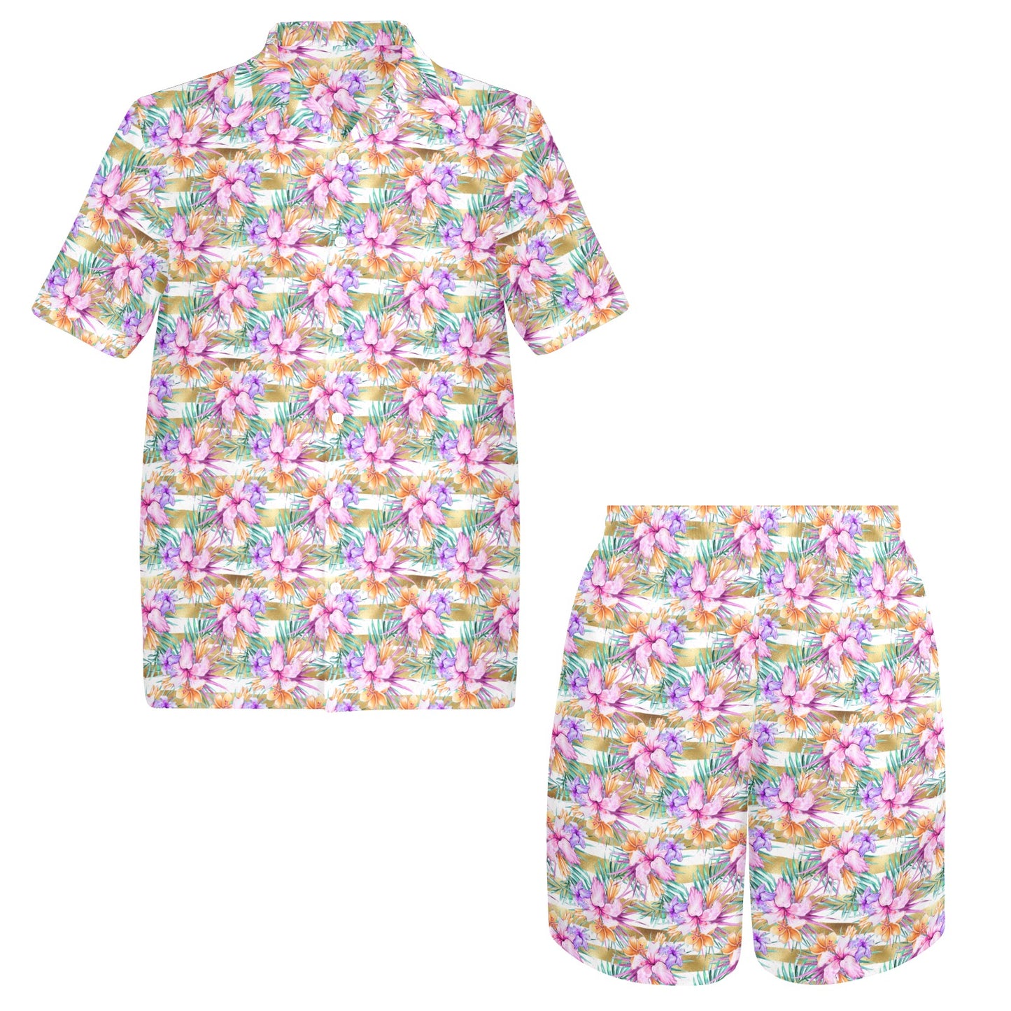 Men's Shirt & Shorts Set Hibiscus Stripes Men's Shirt and Shorts Outfit (Set26)