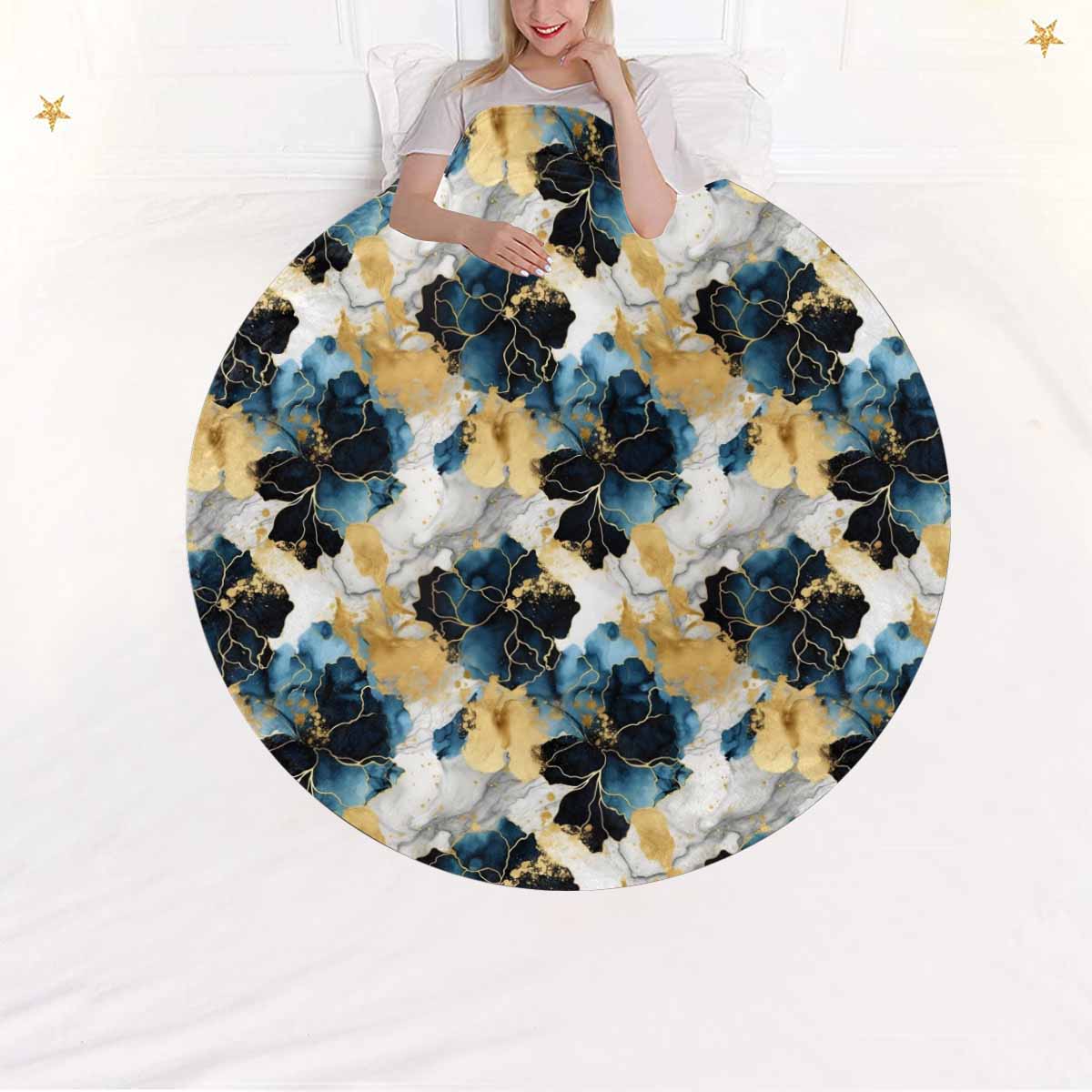 Blue Ink Floral  Circular Micro Fleece Blanket 47"