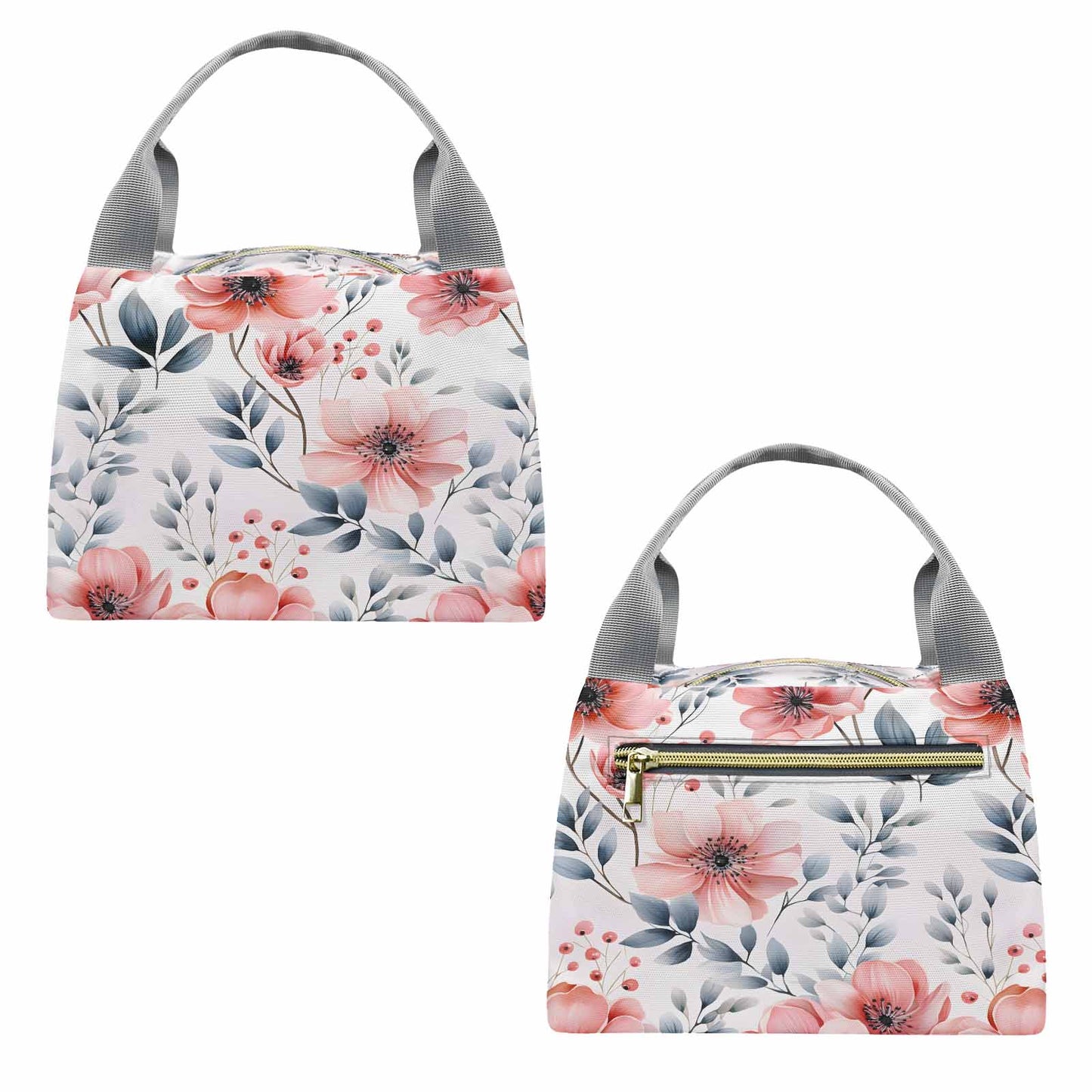 Apricot and Grey Floral  Portable Lunch Bag-Grey Handle