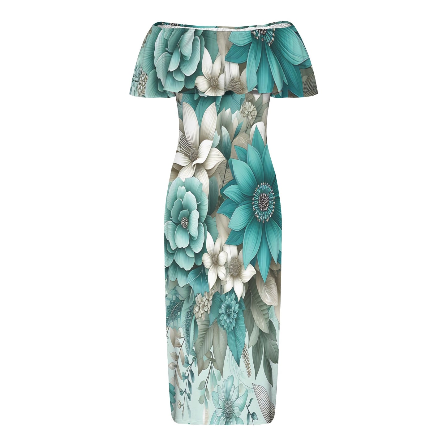 Green Floral awd440 Women's Off Shoulder Ruffle Boat Neck Dress (Model D71)
