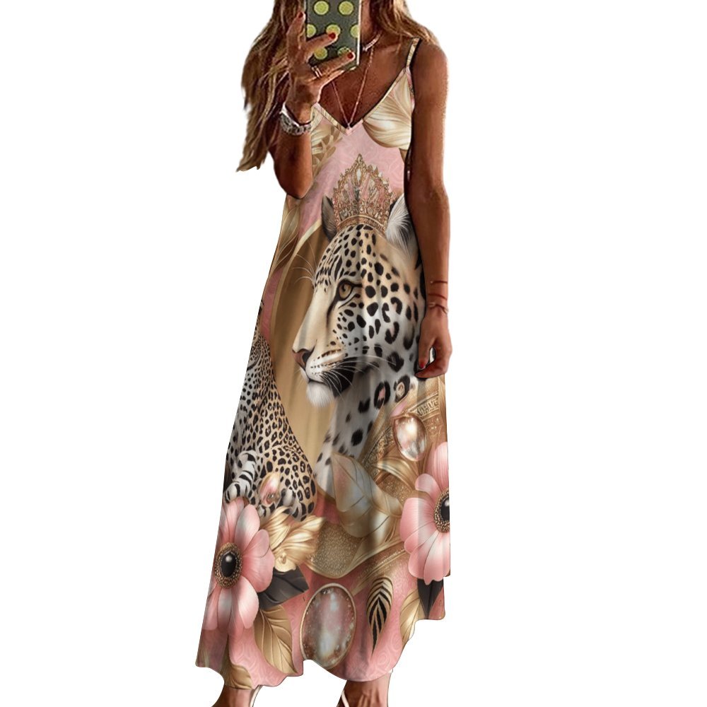 Pink Floral Leopard Spaghetti Strap Ankle-Length Dress Long dress