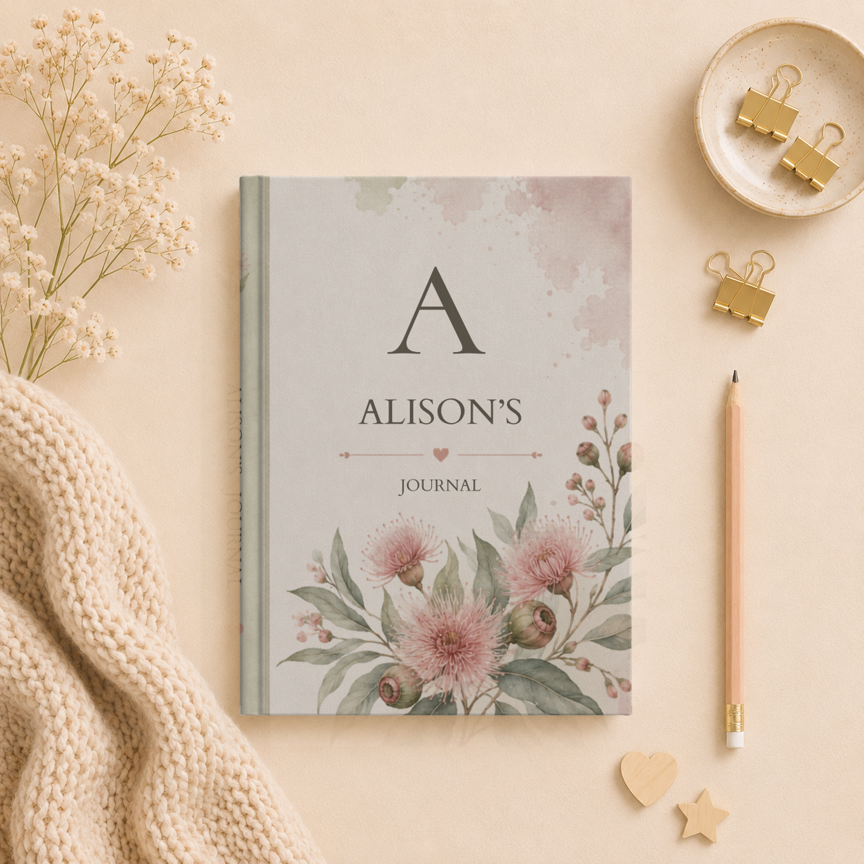 Bush Gum Blossom, Floral Hardcover Journal, Personalized Notebook, Custom Gift, Aesthetic Writing, Matte Finish Diary, Artist Design