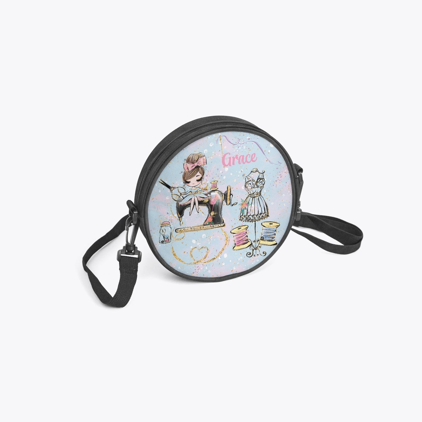 Round Satchel Bag, Sewing, Brunette Hair, Personalised