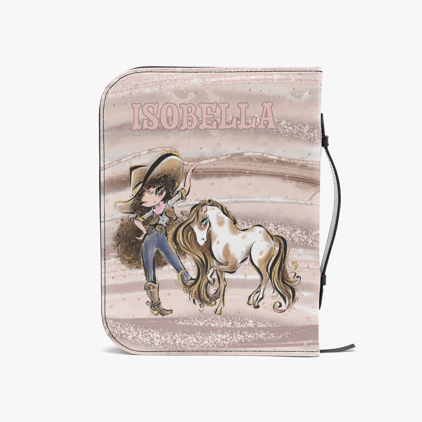 Book/Bible Cover, Howdy, Cowgirl and Horse, Brunette Curly Hair, Brown Eyes