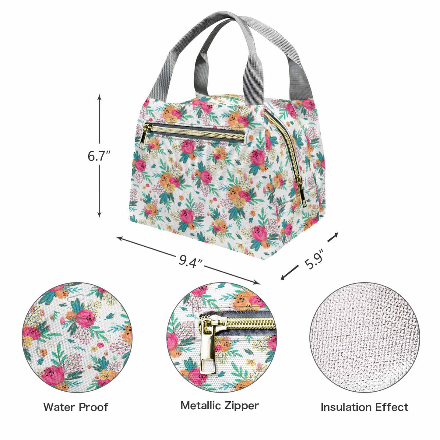 Australian Floral  Portable Lunch Bag-Grey Handle