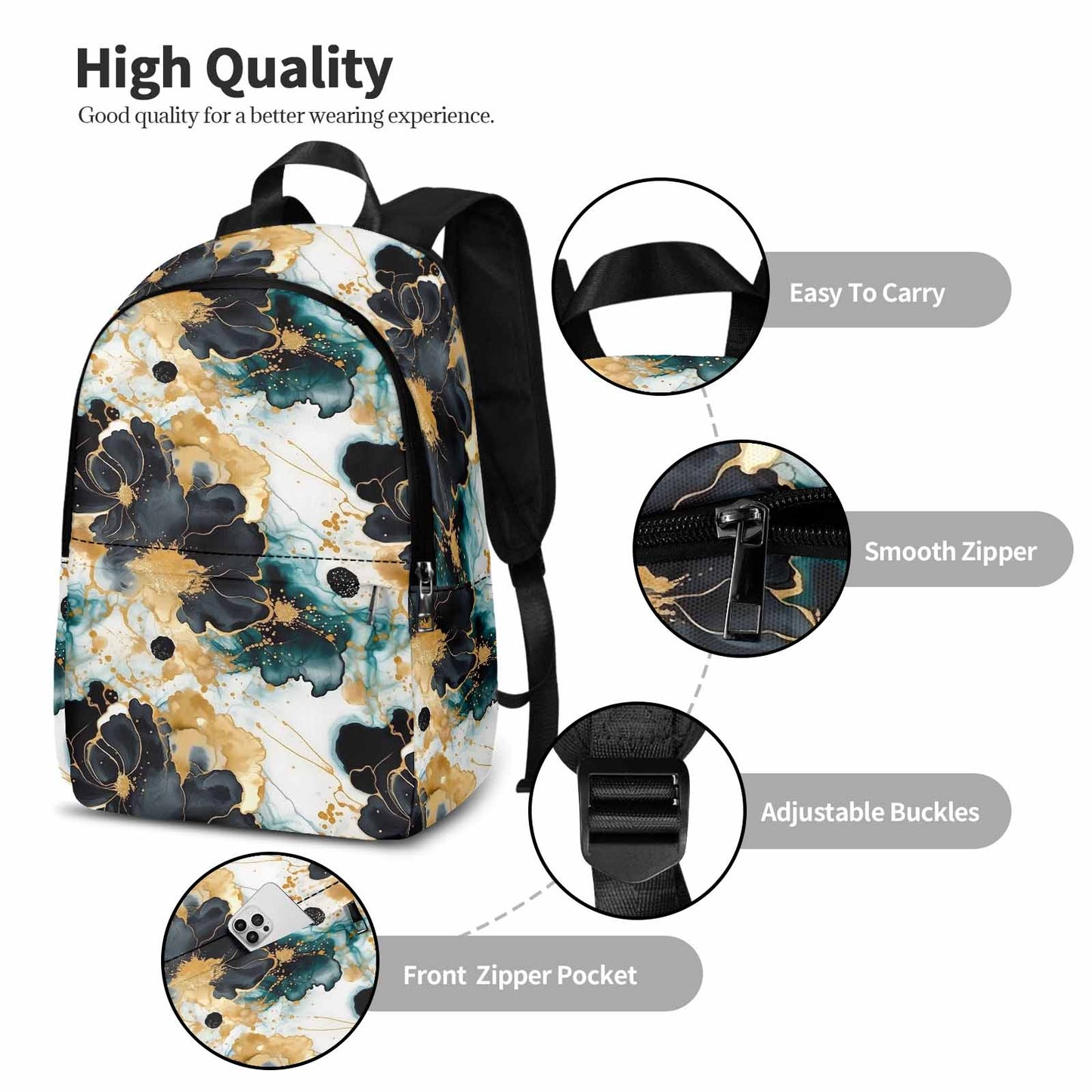 Black Gold & Green Ink Floral Adult Casual Backpack