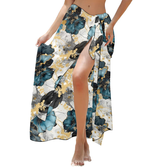 Blue & Gold Ink Floral Long Beach Sarong Wrap