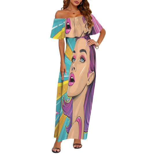 Pop art awd710 Women's Off Shoulder Ruffle Boat Neck Dress (Model D71)