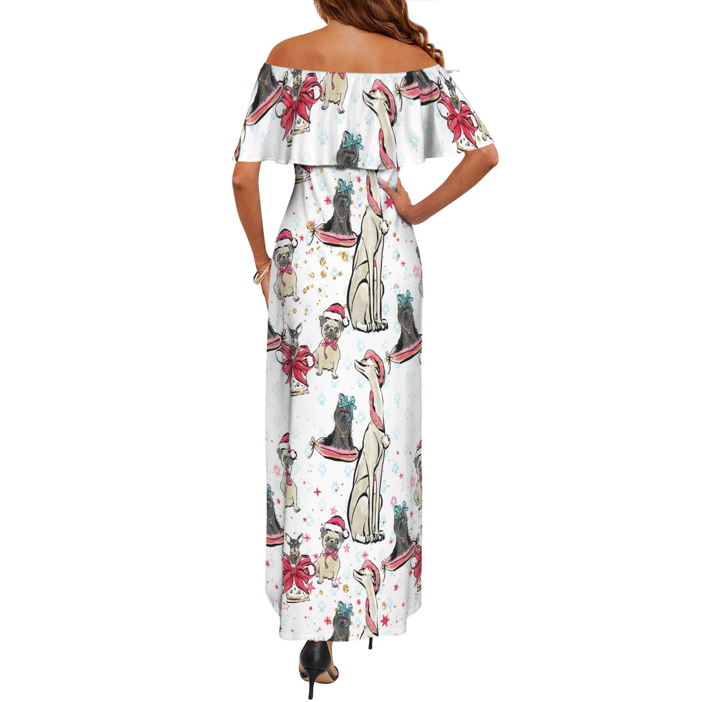 Dog Christmas Women's Off Shoulder Ruffle Boat Neck Dress (Model D71)