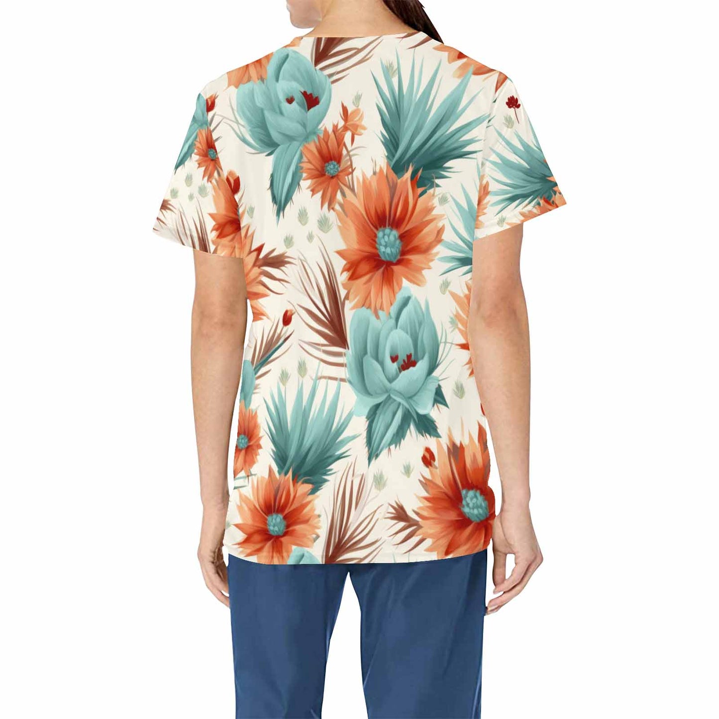 Boho Floral Small  Women's V Neck Scrub Top Nurse Uniform with Deep Front Pockets